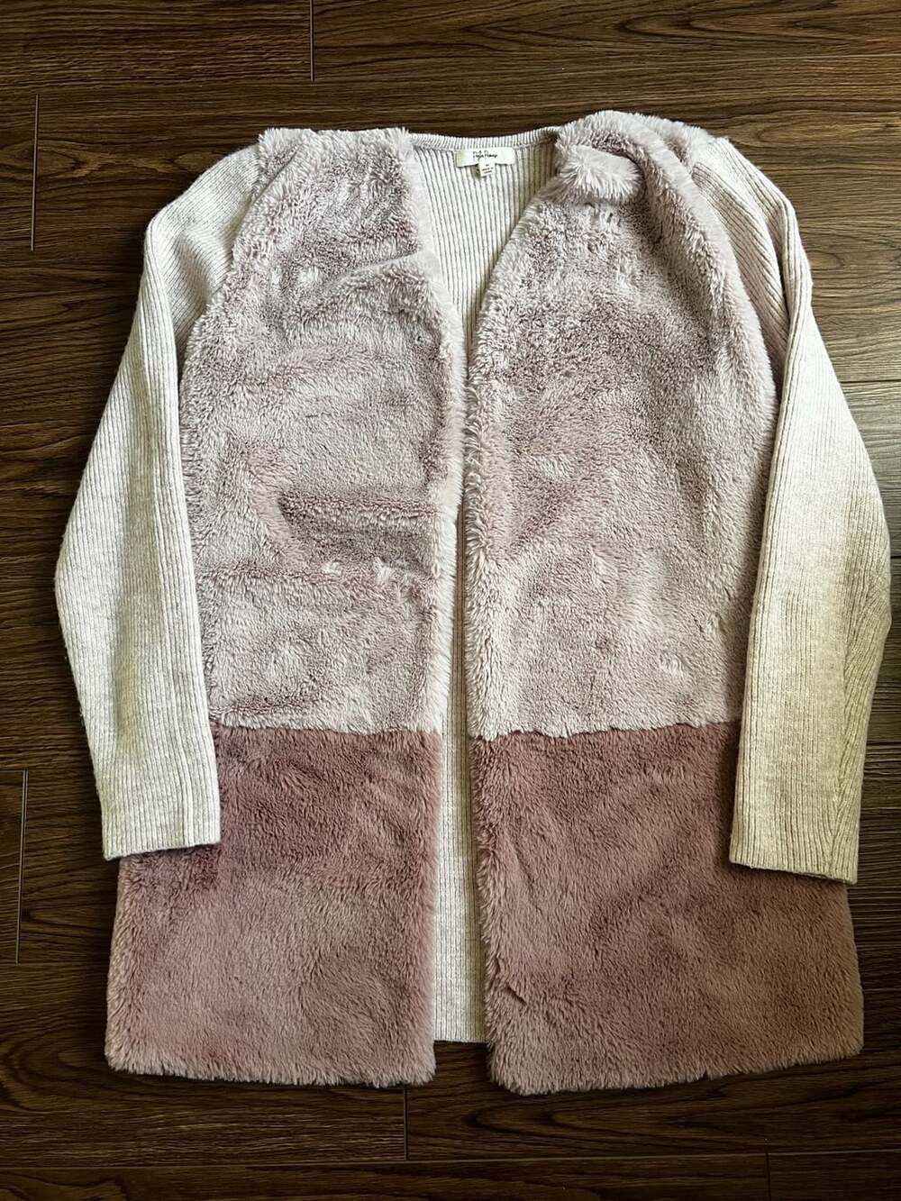 Peyton Primrose Open Front Cardigan Size M Pink Faux Fur Knit Sweater
